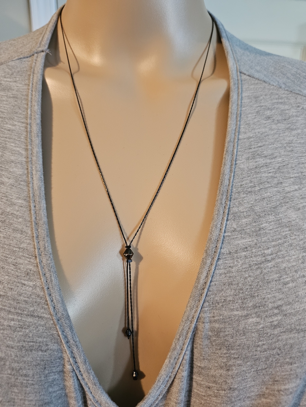 Minimal Black Lariat Necklace with Bead Accents